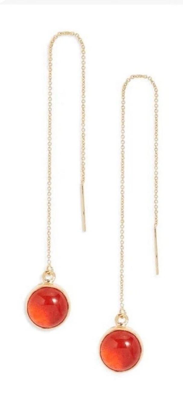 SOKO Umbo Chain Threader Earrings Marked 925 Silver W/ 24k Gold Plated Red Glass